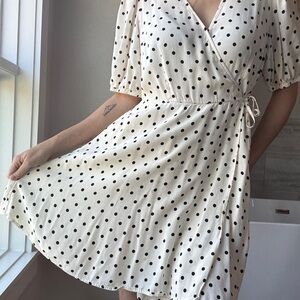 Classic Polka Dot Wrap Dress | Cottagecore Mini | Puff Sleeve Tie Waist